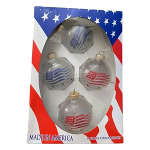Set of 4 Vintage Ornaments USA Made in USA Patriotic Clear with Flags USA